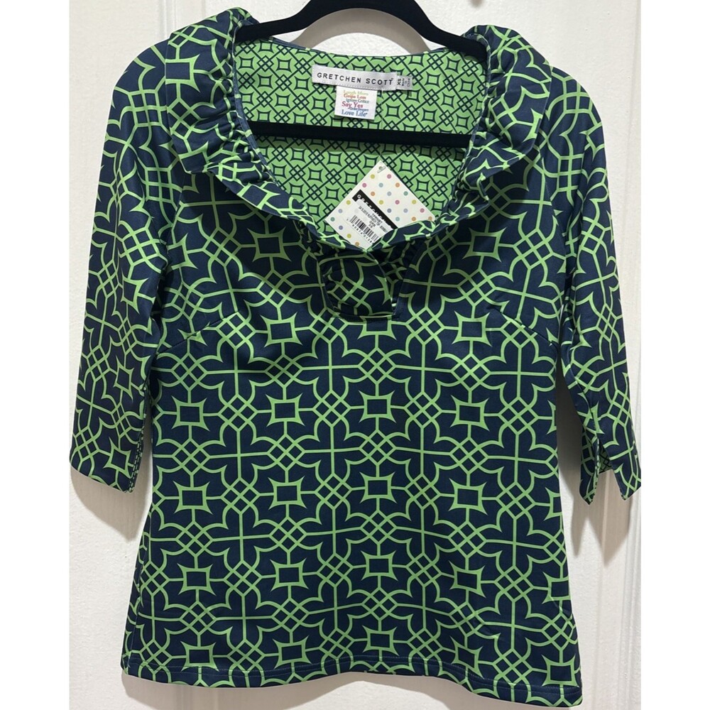 Gretchen Scott 3/4 Sleeve Ruffneck Two Tone Geometric Navy And Green Top XS